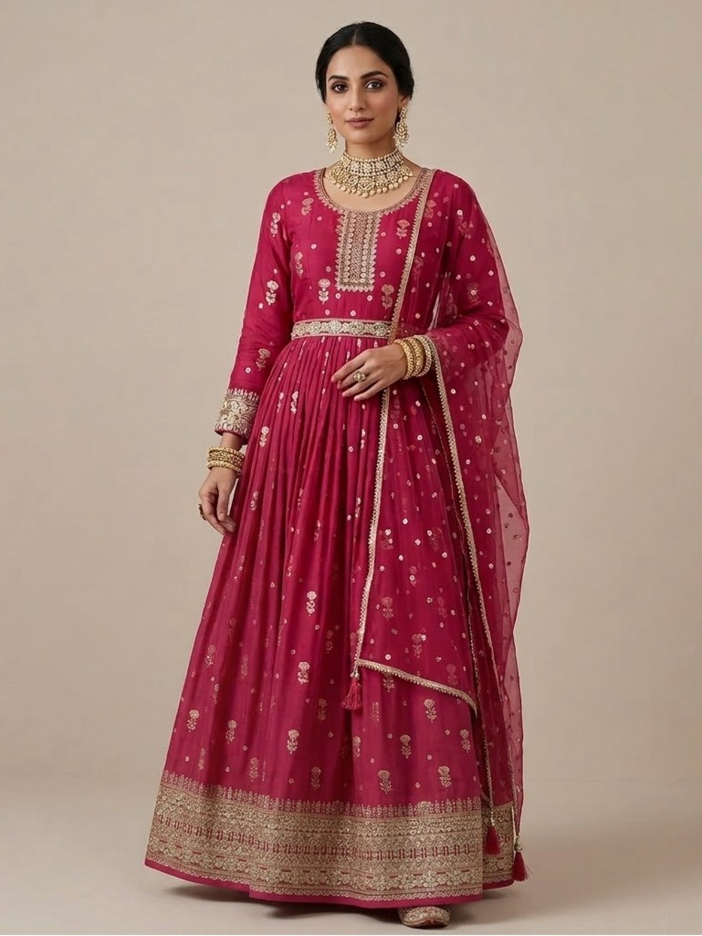 Rani Pink Sequin Banarasi Silk Heavy Partywear Salwar Gown Size Small